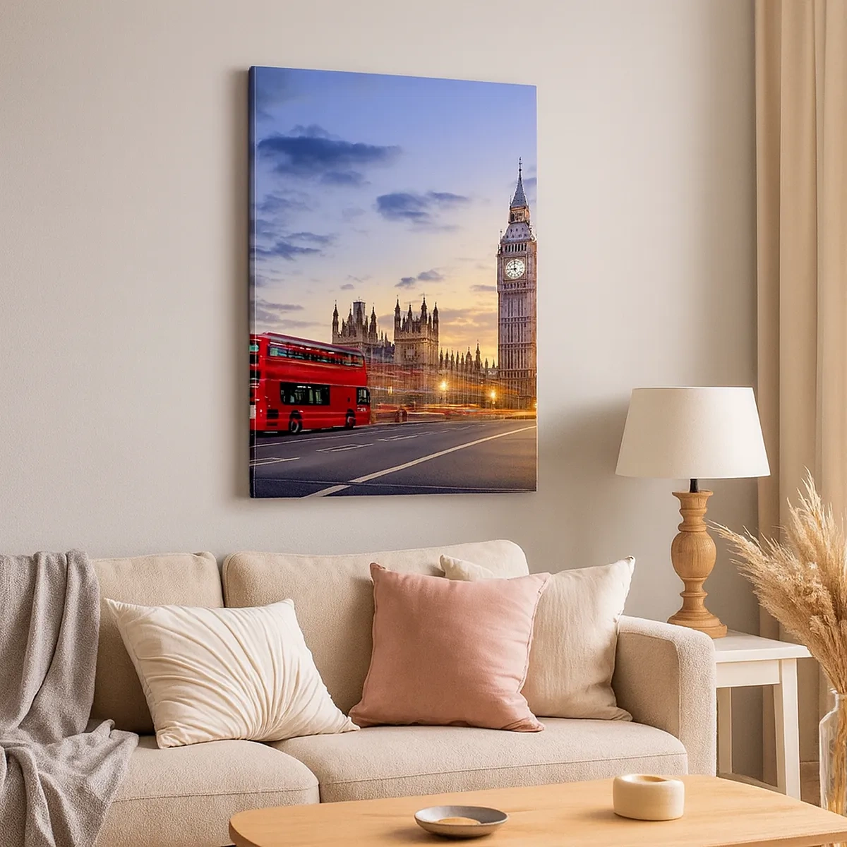 Bild auf Leinwand - Leinwandbild - Ein roter Bus mit Big Ben und den Houses of Parliament im Hintergrund in der Abenddämmerung. - 50x70cm - Spezielle Charaktere - Moderne Wanddekoration für Wohnzimmer und Schlafzimmer ARTTOR
