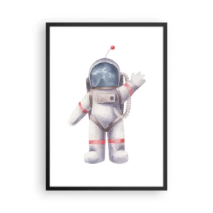 Poster in einem schwarzem Rahmen - Aquarell-Astronaut winkt im Weltraum - 50x70cm - Bis dann! - Moderne Wanddekoration für Wohnzimmer und Schlafzimmer ARTTOR