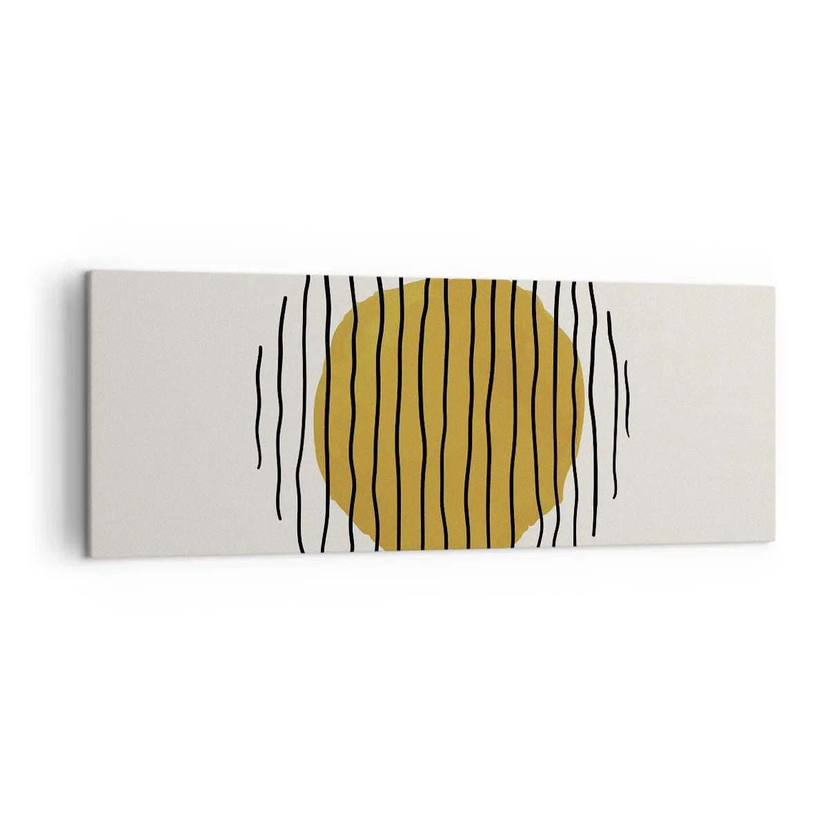 Bild auf Leinwand - Leinwandbild - Ein minimalistisches Motiv mit einem gelben Kreis und schwarzen Linien. - 140x50cm - Abstraktion, die vor Hitze zittert - Moderne Wanddekoration für Wohnzimmer und Schlafzimmer ARTTOR