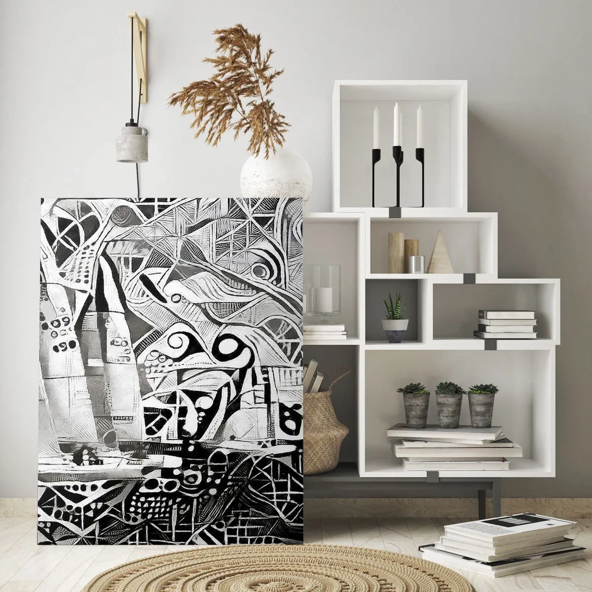 Glasbild - Bild auf glas - Schwarz-weiße Abstraktion mit Segelbooten und geometrischen Mustern - 50x70cm - Zwischen den Wellen - Moderne Wanddekoration für Wohnzimmer und Schlafzimmer ARTTOR