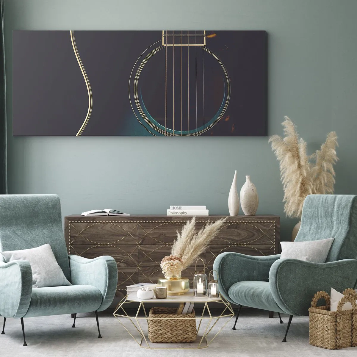 Bild auf Leinwand - Leinwandbild - Akustikgitarre in dunklem, elegantem Licht - 160x50cm - Einen Moment bevor es ertönt - Moderne Wanddekoration für Wohnzimmer und Schlafzimmer ARTTOR