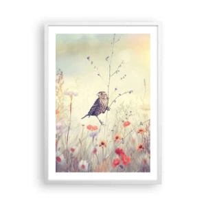 Poster in einem weißen Rahmen - Vogelporträt mit einer Wiese im Hintergrund - 50x70 cm
