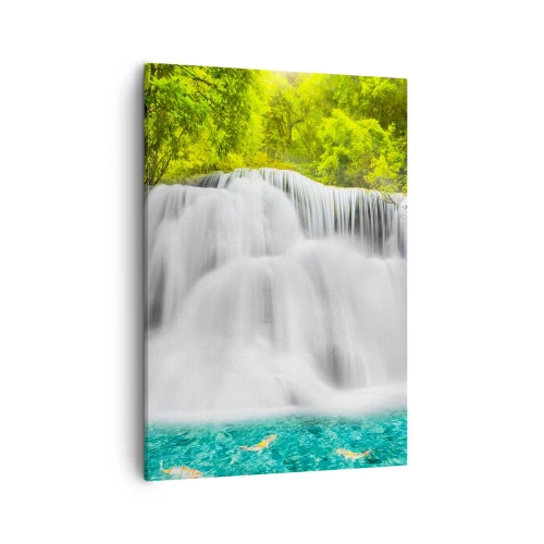 Bild auf Leinwand - Leinwandbild - Ein Wasserfall in einem tropischen Wald mit türkisfarbenem Wasser - 50x70cm - Eine schaumige Kaskade von grün bis azurblau - Moderne Wanddekoration für Wohnzimmer und Schlafzimmer ARTTOR