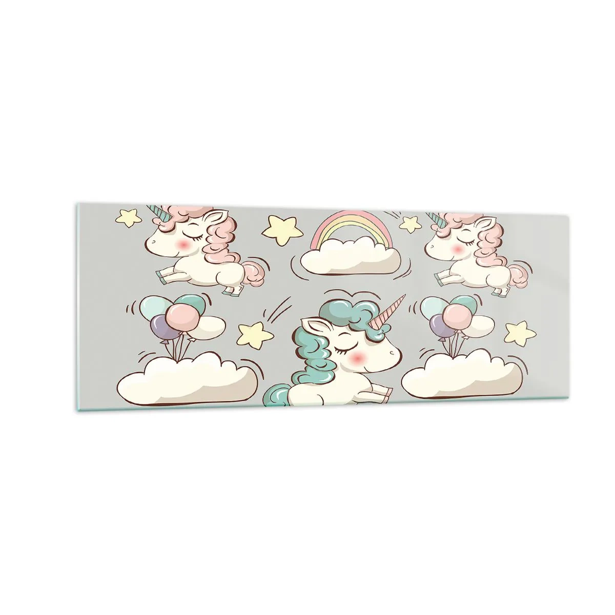 Glasbild - Bild auf glas - Niedliche Einhörner auf pastellfarbenem Hintergrund - 140x50cm - Sicherlich gibt es... - Moderne Wanddekoration für Wohnzimmer und Schlafzimmer ARTTOR