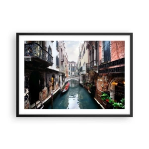 Poster in einem schwarzem Rahmen - Ein Kanal in Venedig mit einer Gondel und historischen Gebäuden - 70x50cm - Venezianische Landschaft mit Gondel und Brücke - Moderne Wanddekoration für Wohnzimmer und Schlafzimmer ARTTOR