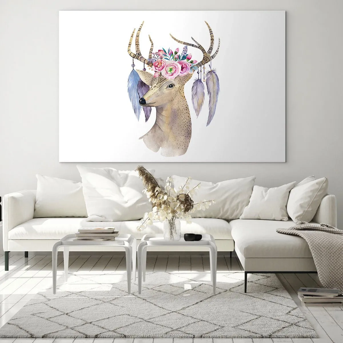 Glasbild - Bild auf glas - Hirsch mit Blumenkranz und Federn - 120x80cm - Seelenführer - sanft, unschuldig - Moderne Wanddekoration für Wohnzimmer und Schlafzimmer ARTTOR