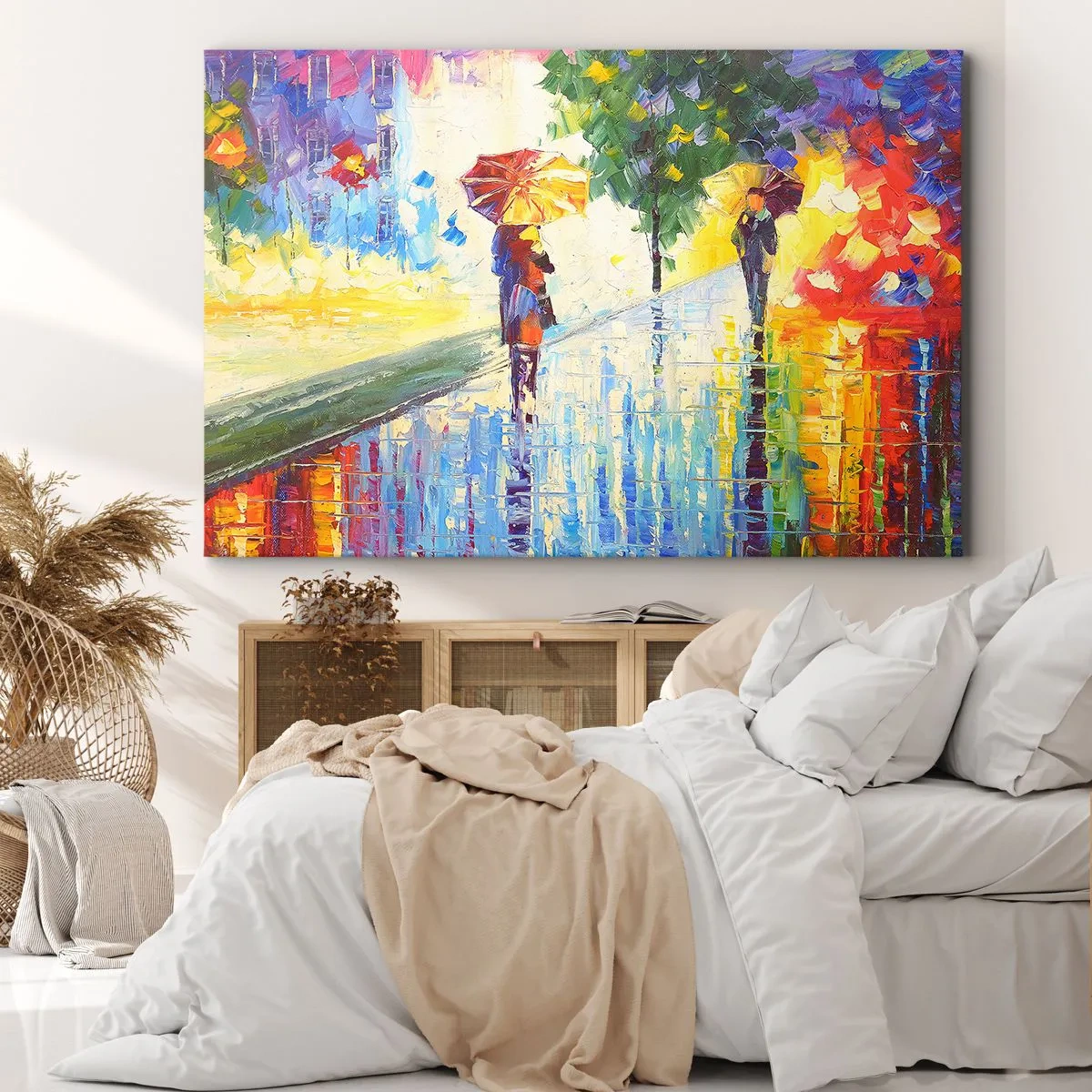 Bild auf Leinwand - Leinwandbild - Ein Spaziergang mit Regenschirm in einer farbenfrohen Regenlandschaft - 70x50cm - Und alles klar - Moderne Wanddekoration für Wohnzimmer und Schlafzimmer ARTTOR