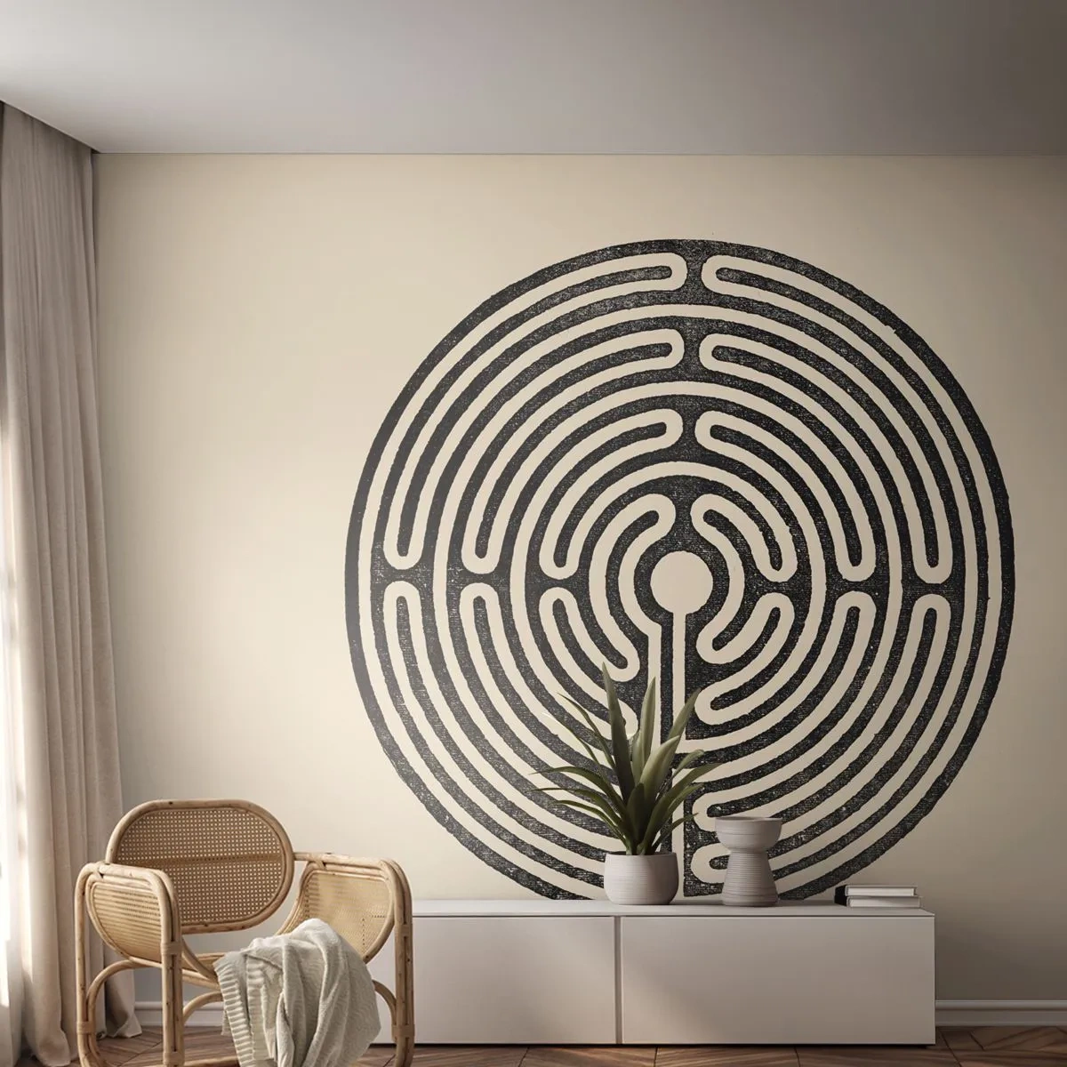 Selbstklebende Fototapete Deluxe Sticker - Geheimnisvolle Ordnung - Labyrinth, Minimalismus, Schwarz und weiß - 300x210 cm