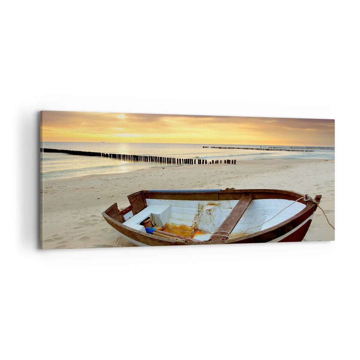 Bild auf Leinwand - Leinwandbild - Ein Boot an einem Sandstrand bei Sonnenuntergang - 120x50cm - Es gibt keine schöneren Strände - Moderne Wanddekoration für Wohnzimmer und Schlafzimmer ARTTOR