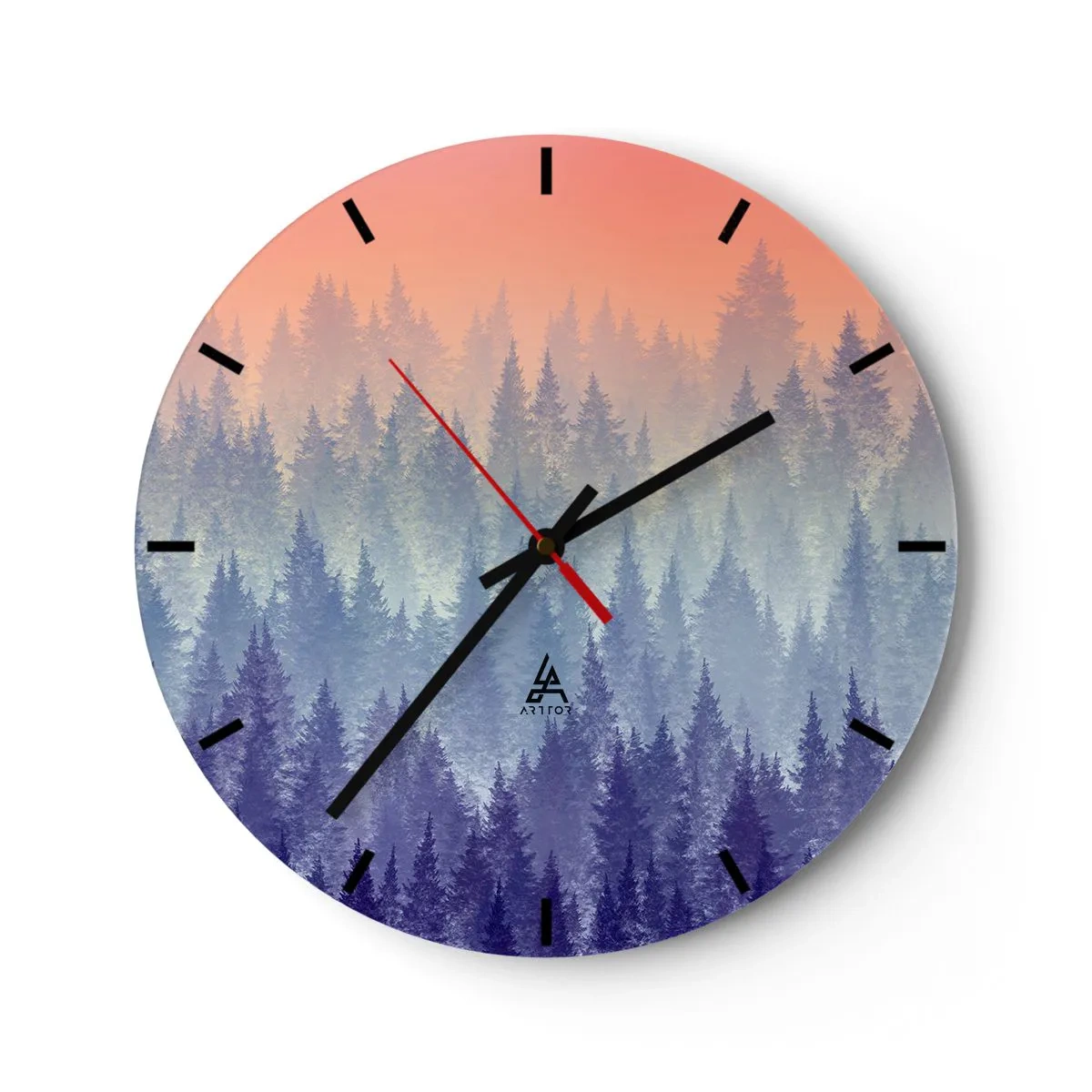 Wanduhr - Glasuhr - Wald bei Sonnenaufgang in Pastelltönen - 30x30cm - Hoch, höher, zum Himmel - Moderne Wanddekoration für Wohnzimmer, Küche und Schlafzimmer ARTTOR