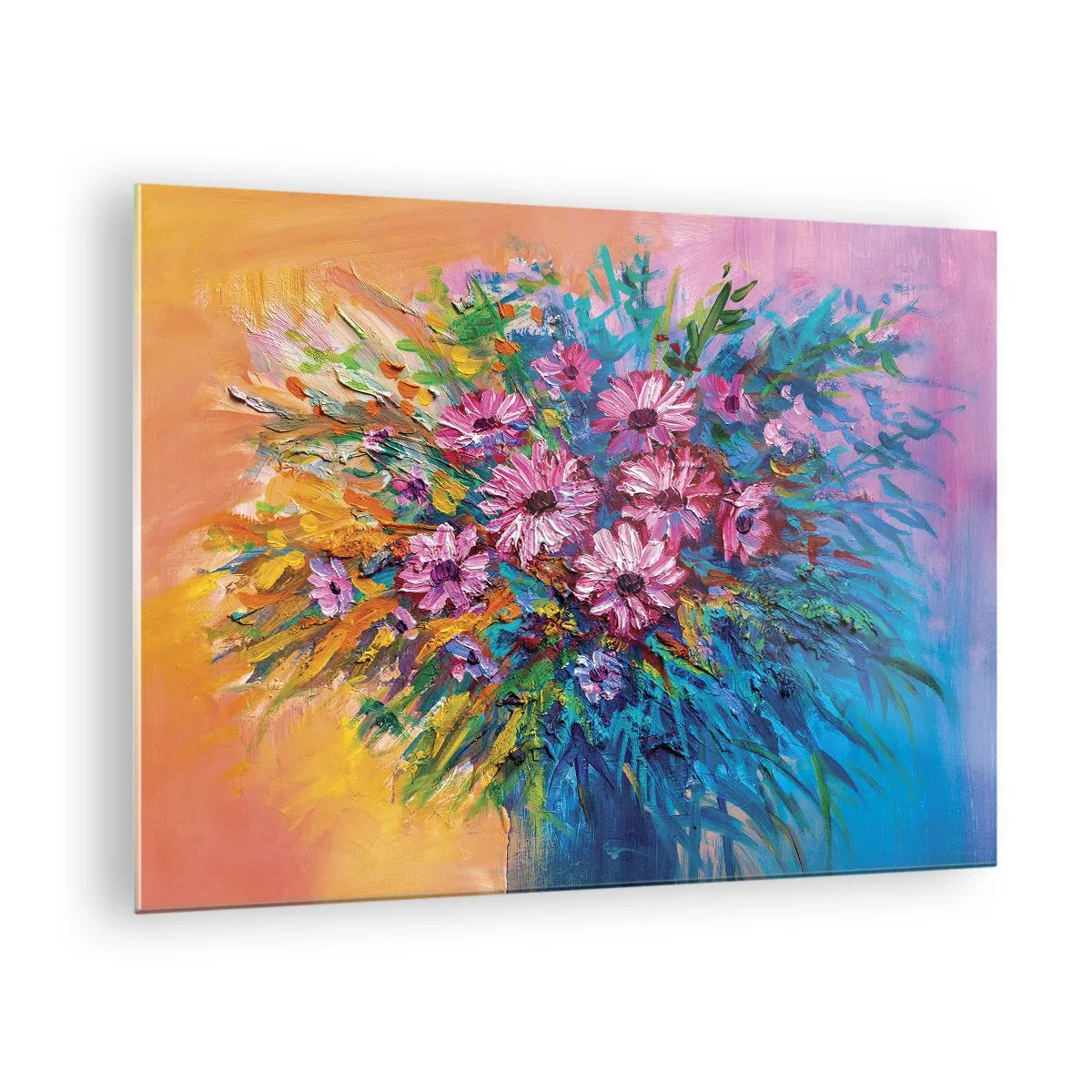 Glasbild - Bild auf glas - Ein Strauß rosa Blumen in einer kunstvollen, farbenfrohen Komposition - 70x50cm - Lebensenergie - Moderne Wanddekoration für Wohnzimmer und Schlafzimmer ARTTOR