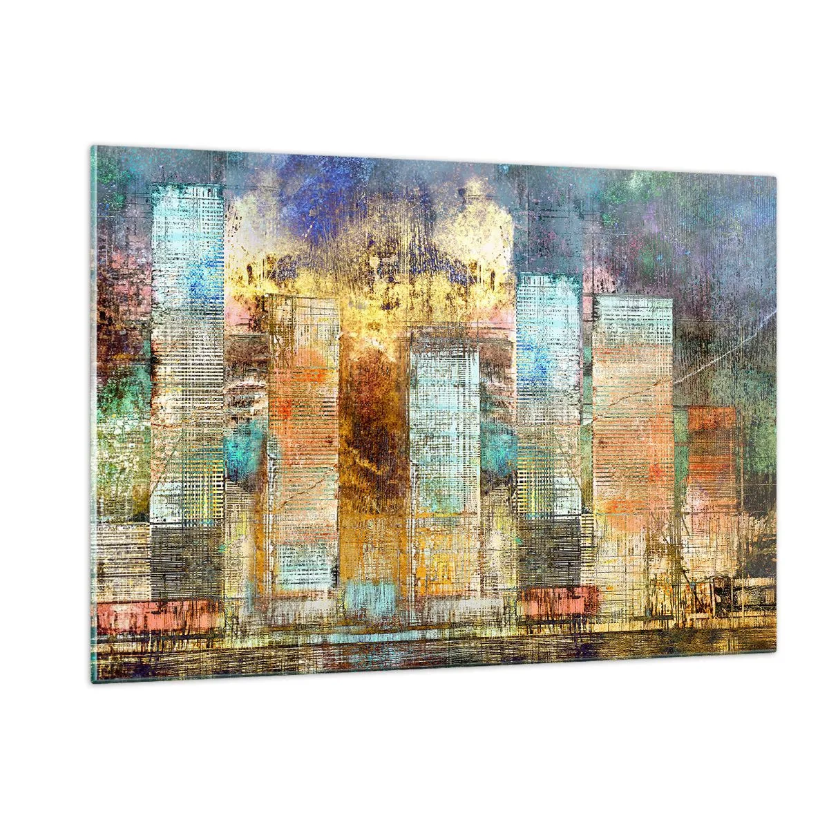 Glasbild - Bild auf glas - Farbenfrohes abstraktes Panorama der Wolkenkratzer der Stadt im künstlerischen Stil - 120x80cm - Sonnige Metropole - Moderne Wanddekoration für Wohnzimmer und Schlafzimmer ARTTOR