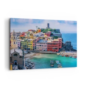 Bild auf Leinwand - Leinwandbild - Eine farbenfrohe Küstenstadt mit einem malerischen Hafen - 100x70cm - Mediterrane Zauberstadt - Moderne Wanddekoration für Wohnzimmer und Schlafzimmer ARTTOR