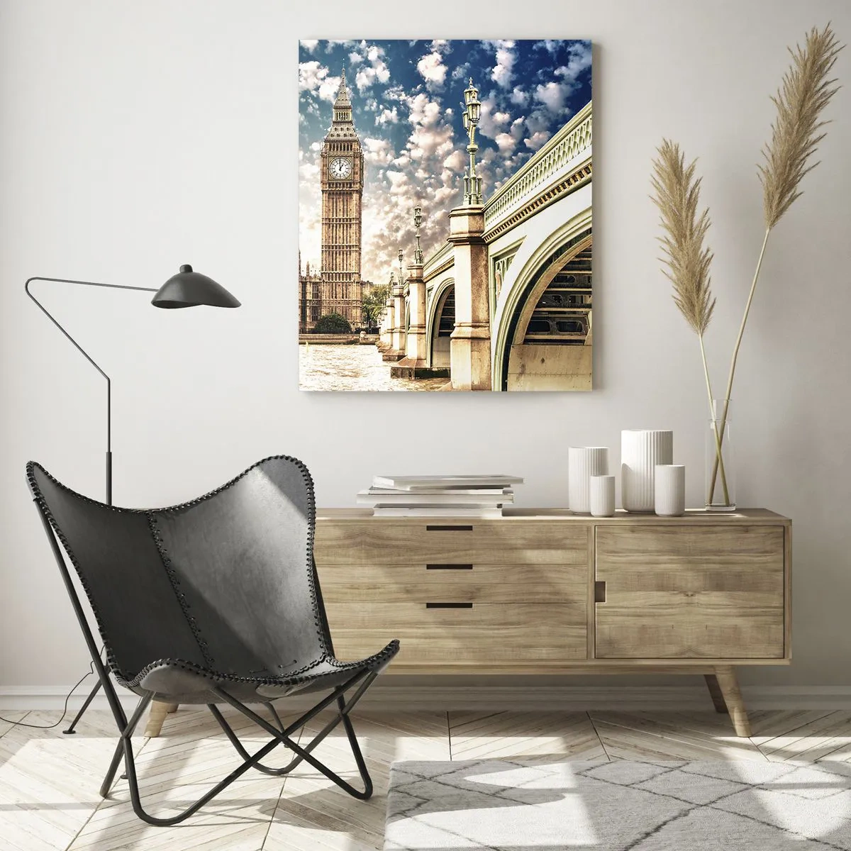 Glasbild - Bild auf glas - Big Ben und Westminster Bridge im Sonnenlicht in London - 80x120cm - Federwolken über der Themse - Moderne Wanddekoration für Wohnzimmer und Schlafzimmer ARTTOR