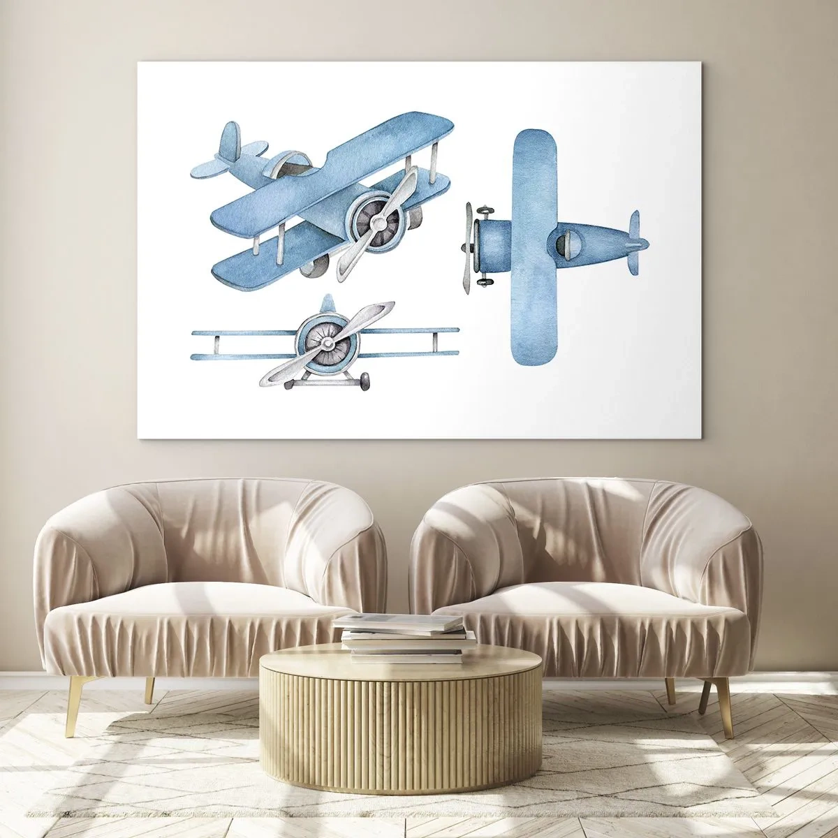 Glasbild - Bild auf glas - Blaue Retro-Flugzeuge auf weißem Hintergrund für Kinder - 70x50cm - Geboren um zu gewinnen - Moderne Wanddekoration für Wohnzimmer und Schlafzimmer ARTTOR