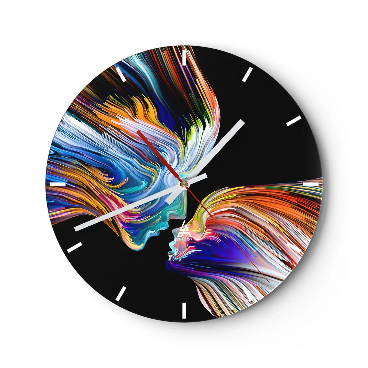 Wanduhr - Glasuhr - Zwei Gesichter mit bunten, wirbelnden Linien auf schwarzem Hintergrund. - 30x30cm - Eine Verschmelzung von Energie und Licht - Moderne Wanddekoration für Wohnzimmer, Küche und Schlafzimmer ARTTOR