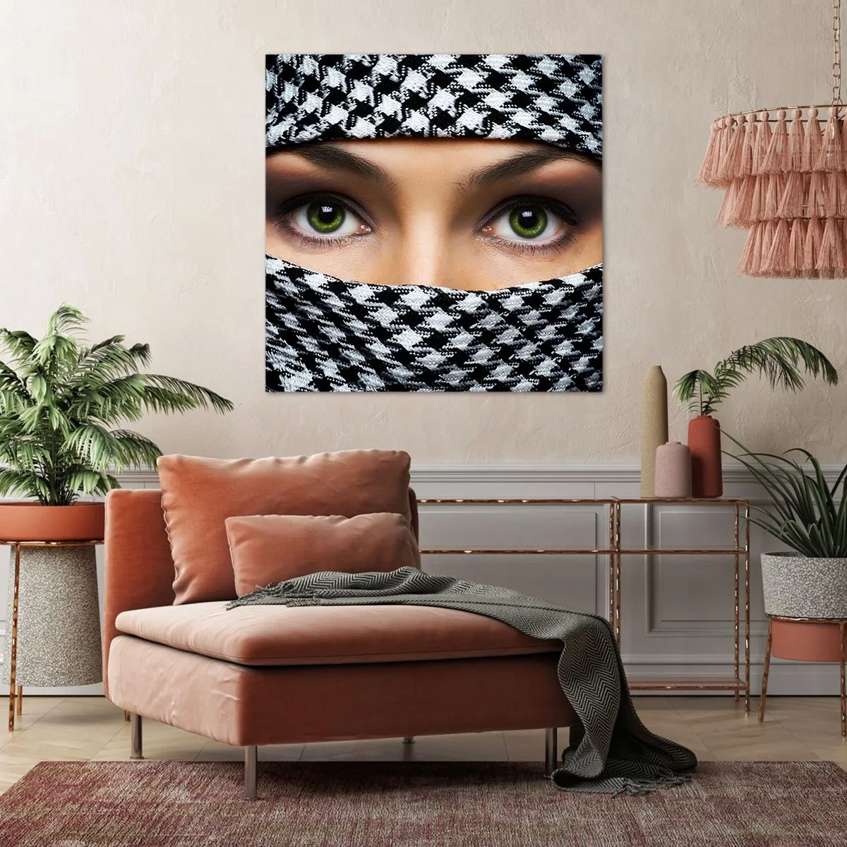 Bild auf Leinwand - Leinwandbild - Ein Porträt einer verschleierten grünäugigen Schönheit - 70x70 cm