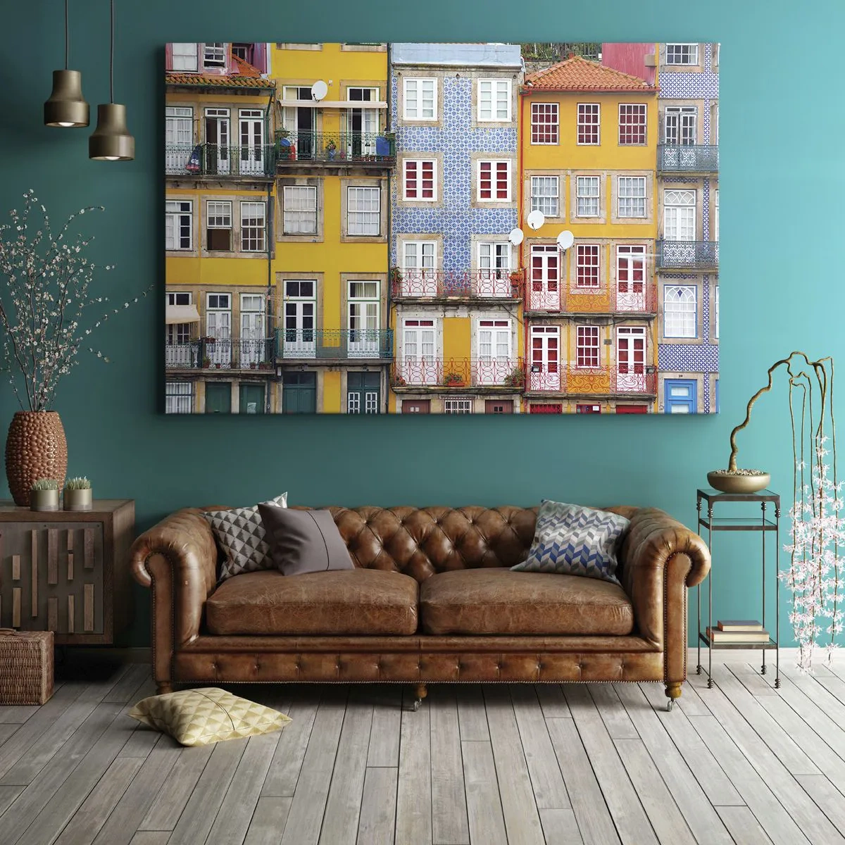 Bild auf Leinwand - Leinwandbild - Bunte Fassaden von Mietshäusern im Stadtbild - 70x50cm - Farben der Altstadt - Moderne Wanddekoration für Wohnzimmer und Schlafzimmer ARTTOR