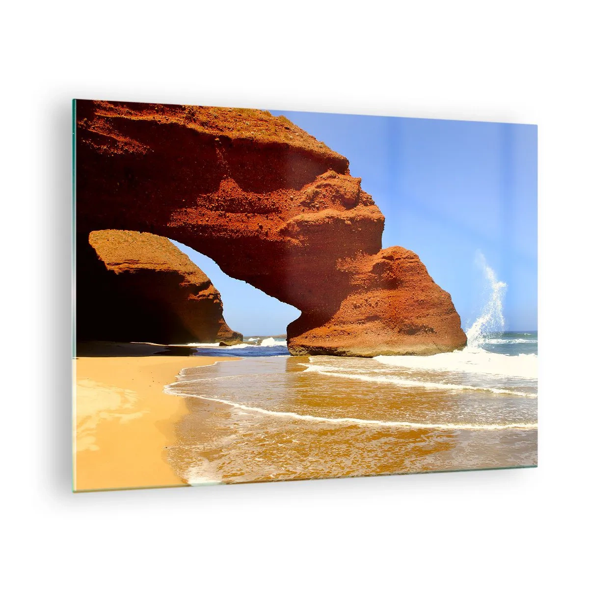 Glasbild - Bild auf glas - Rote Felsbögen über dem Strand und dem Meer - 70x50cm - Wasser und Wind seit Tausenden von Jahren - Moderne Wanddekoration für Wohnzimmer und Schlafzimmer ARTTOR