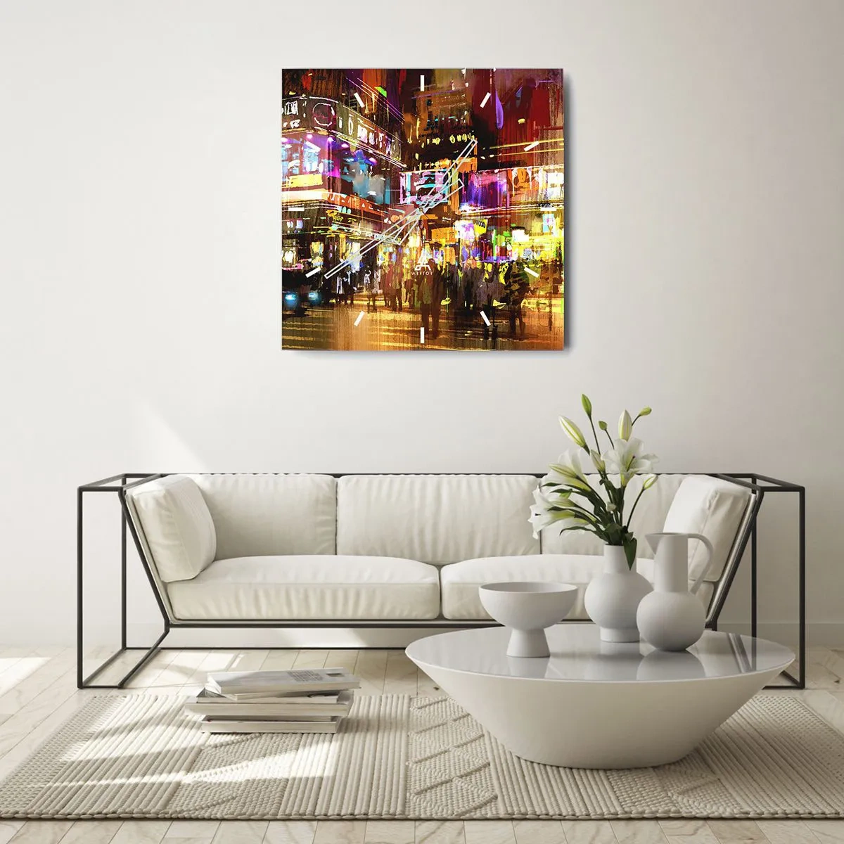 Wanduhr - Glasuhr - Eine pulsierende Stadt bei Nacht im Neonlicht - 30x30cm - In einem Lichtermeer - Moderne Wanddekoration für Wohnzimmer und Schlafzimmer ARTTOR