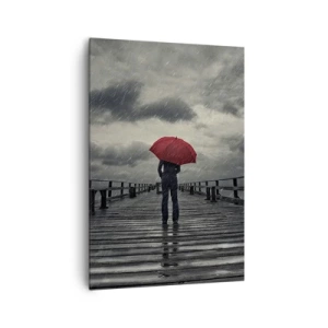 Bild auf Leinwand - Leinwandbild - Eine Person mit einem roten Regenschirm auf einem verregneten Pier - 70x100cm - Es ist egal, dass es regnet - Moderne Wanddekoration für Wohnzimmer und Schlafzimmer ARTTOR