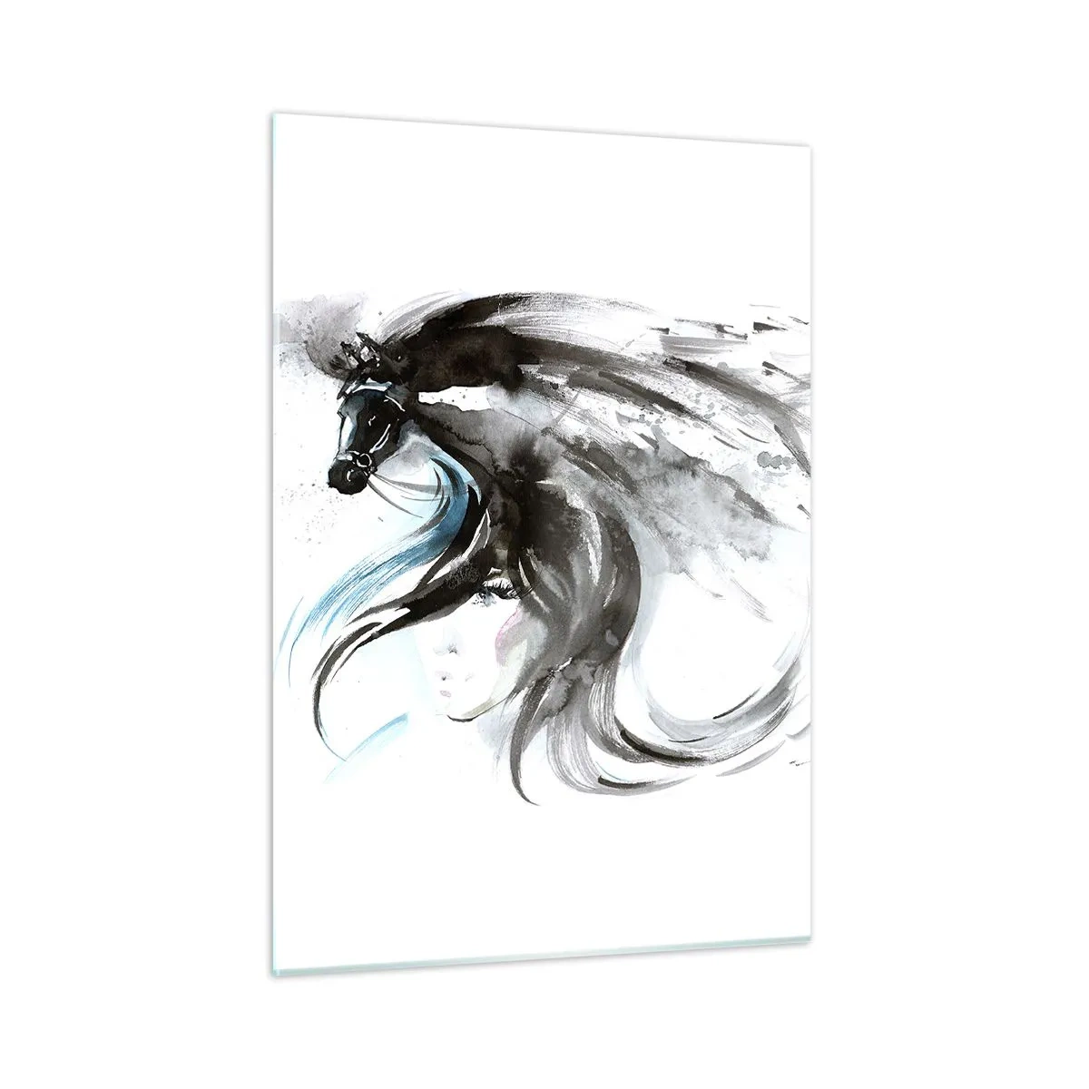 Glasbild - Bild auf glas - Porträt einer Frau und eines Pferdes in einer künstlerischen, dynamischen Komposition - 50x70cm - Schwarzer Prinz Galopp - Moderne Wanddekoration für Wohnzimmer und Schlafzimmer ARTTOR