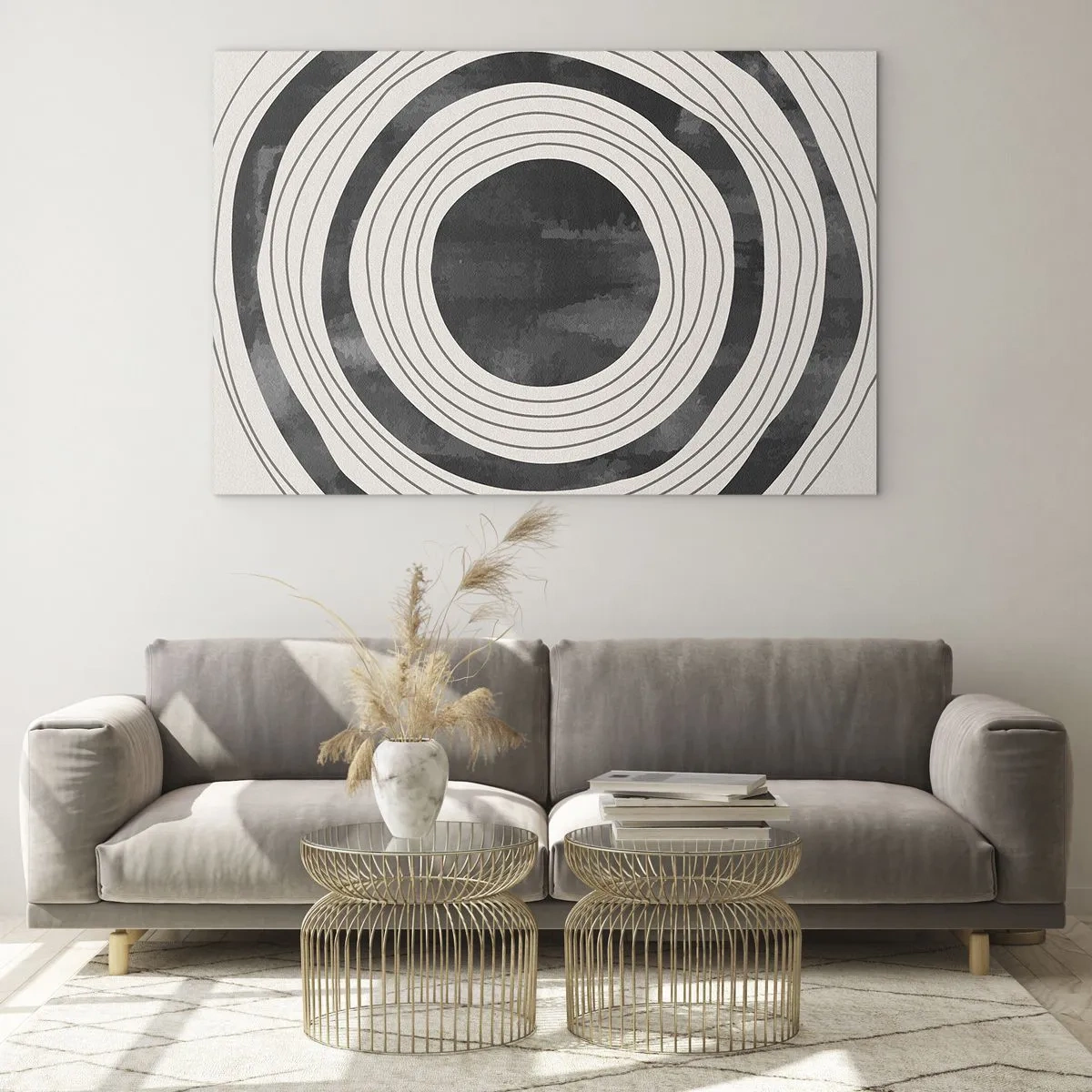 Glasbild - Bild auf glas - Schwarze und weiße konzentrische Kreise mit unregelmäßigen Umrissen - 70x50cm - Auf den Punkt gebracht - Moderne Wanddekoration für Wohnzimmer und Schlafzimmer ARTTOR