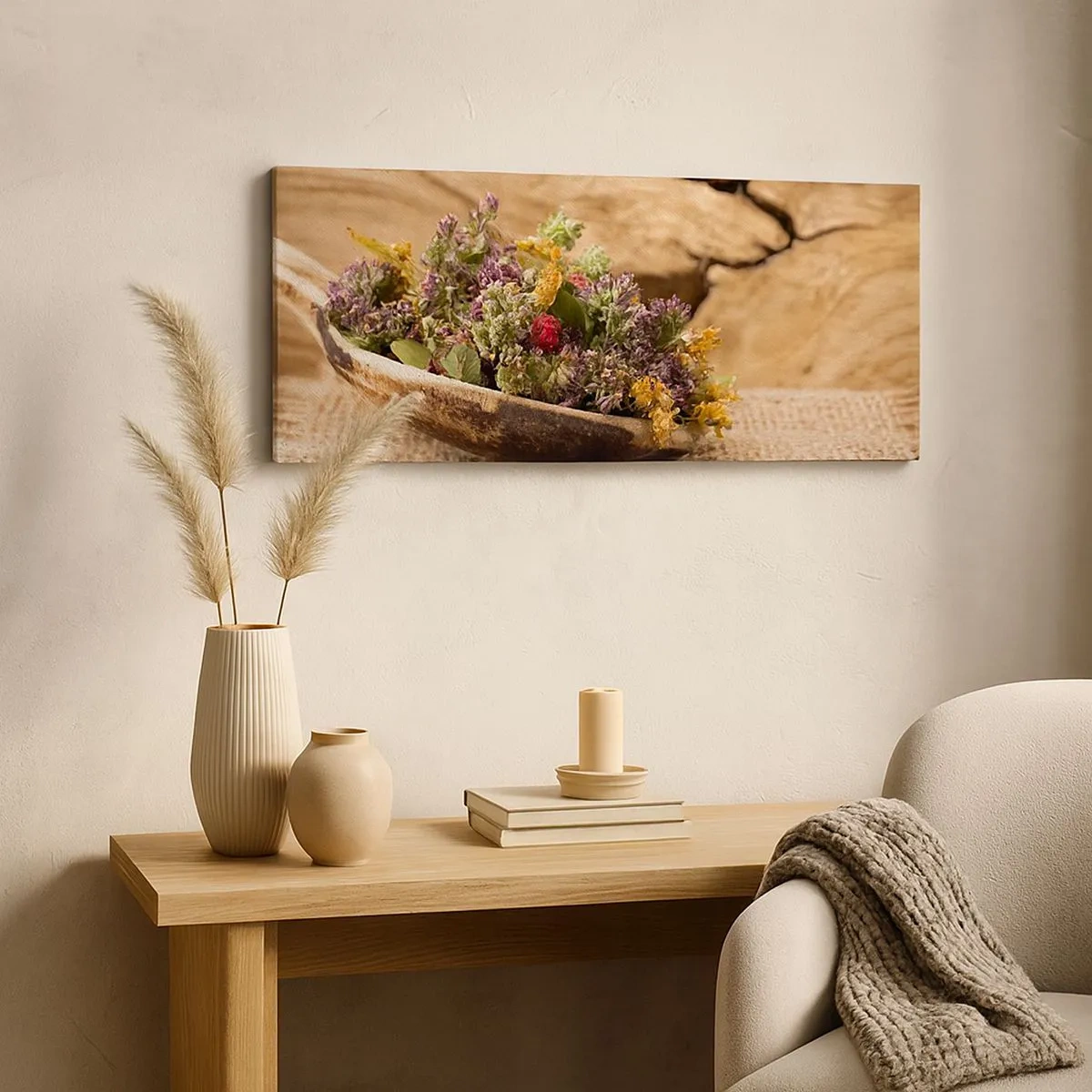 Bild auf Leinwand - Leinwandbild - Bunte Blumen und duftende Kräuter - 100x40 cm
