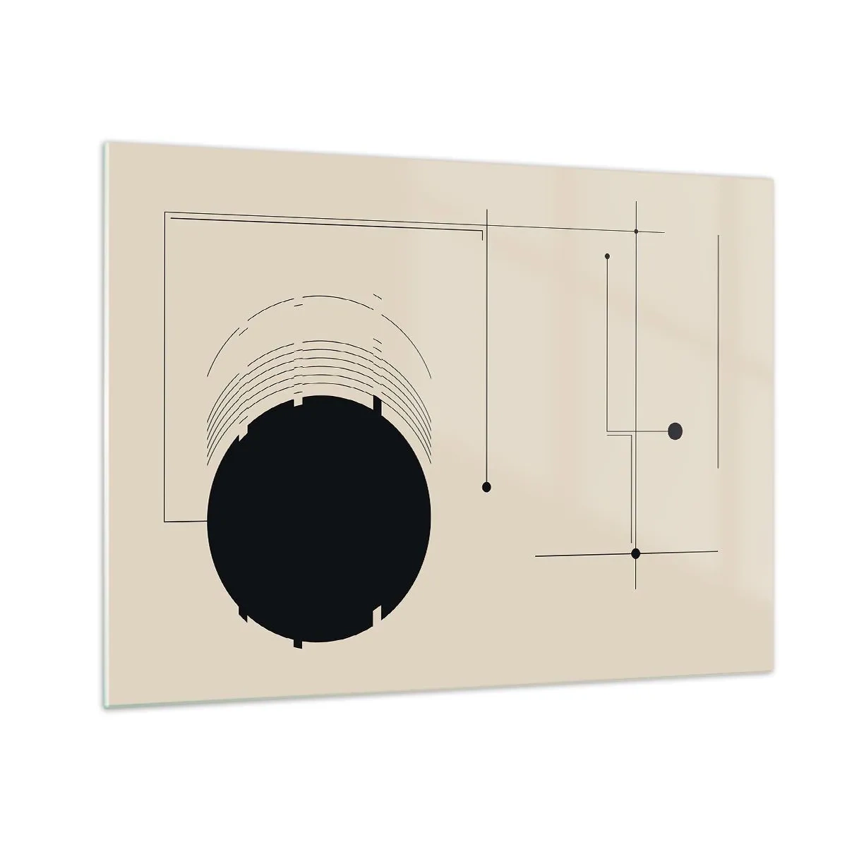 Glasbild - Bild auf glas - Abstrakte Komposition mit schwarzem Kreis und geometrischen Linien - 70x50cm - Flexible und dynamische Komposition - Moderne Wanddekoration für Wohnzimmer und Schlafzimmer ARTTOR