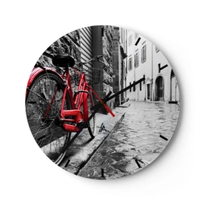 Wanduhr - Glasuhr - Ein rotes Fahrrad vor einer schwarz-weißen Straße - 30x30cm - Wahre Schönheit wird nicht alt - Moderne Wanddekoration für Wohnzimmer, Küche und Schlafzimmer ARTTOR