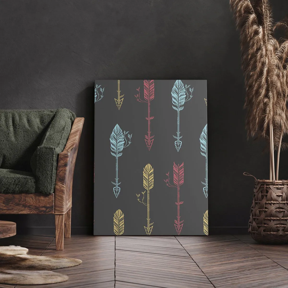 Bild auf Leinwand - Leinwandbild - Stilisiertes Pfeilmuster in Pastellfarben auf dunklem Hintergrund - 50x70cm - In der Verordnung - Moderne Wanddekoration für Wohnzimmer und Schlafzimmer ARTTOR