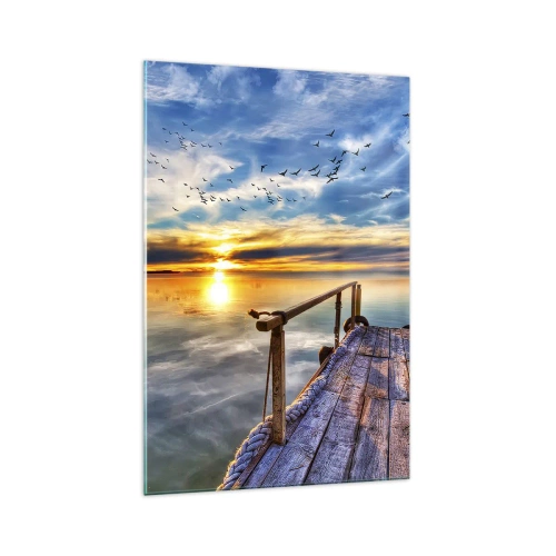 Glasbild - Bild auf glas - Holzsteg über dem See bei Sonnenuntergang - 70x100cm - Der Wind geht zur Ruhe - Moderne Wanddekoration für Wohnzimmer und Schlafzimmer ARTTOR