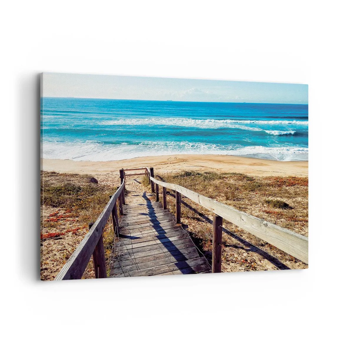 Bild auf Leinwand - Leinwandbild - Holzweg zum Strand - 120x80cm - Lauf! - Moderne Wanddekoration für Wohnzimmer und Schlafzimmer ARTTOR