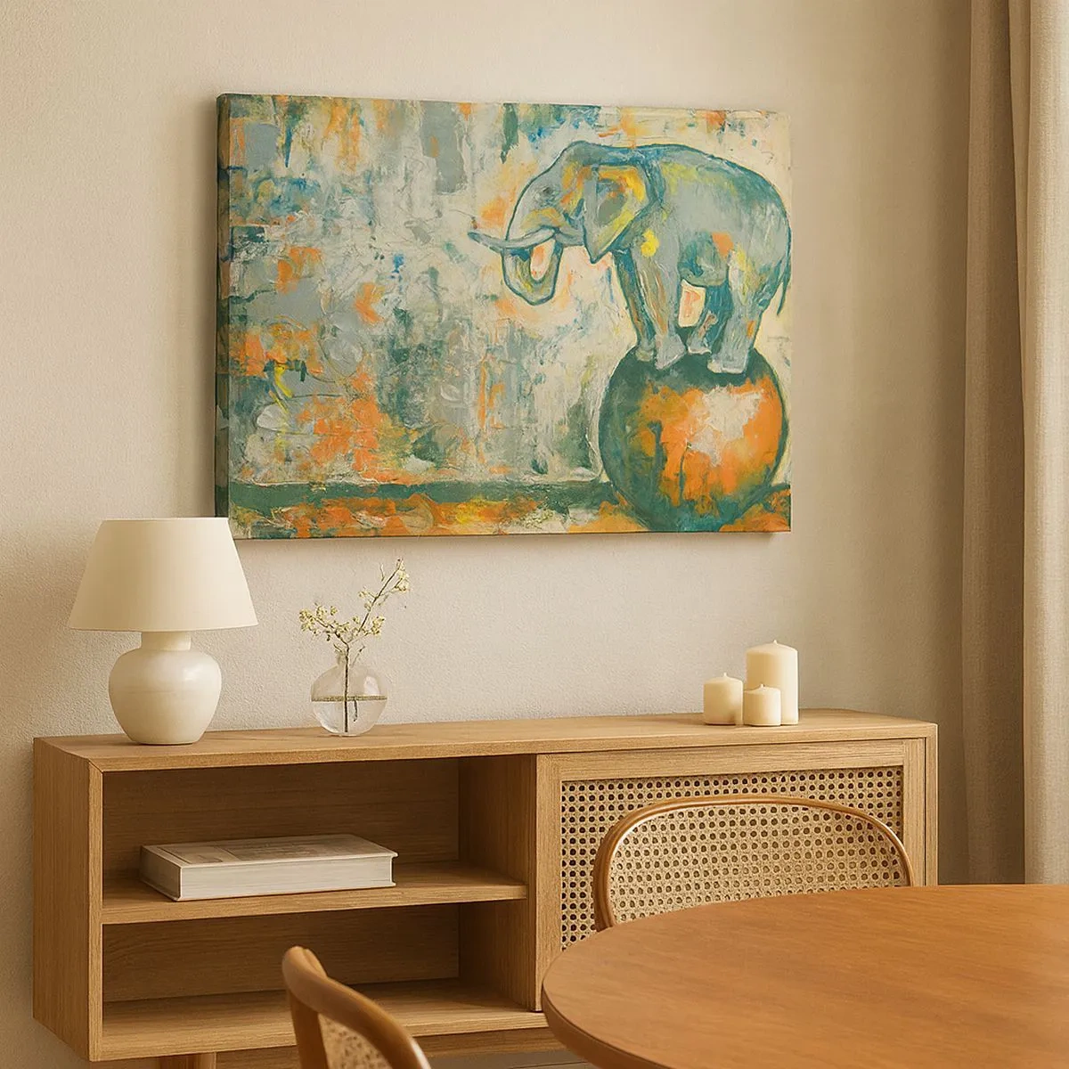 Bild auf Leinwand - Leinwandbild - Ein Elefant, der auf einem Ball balanciert, in einem künstlerischen Stil - 70x50cm - Es lebe der Zirkus! - Moderne Wanddekoration für Wohnzimmer und Schlafzimmer ARTTOR