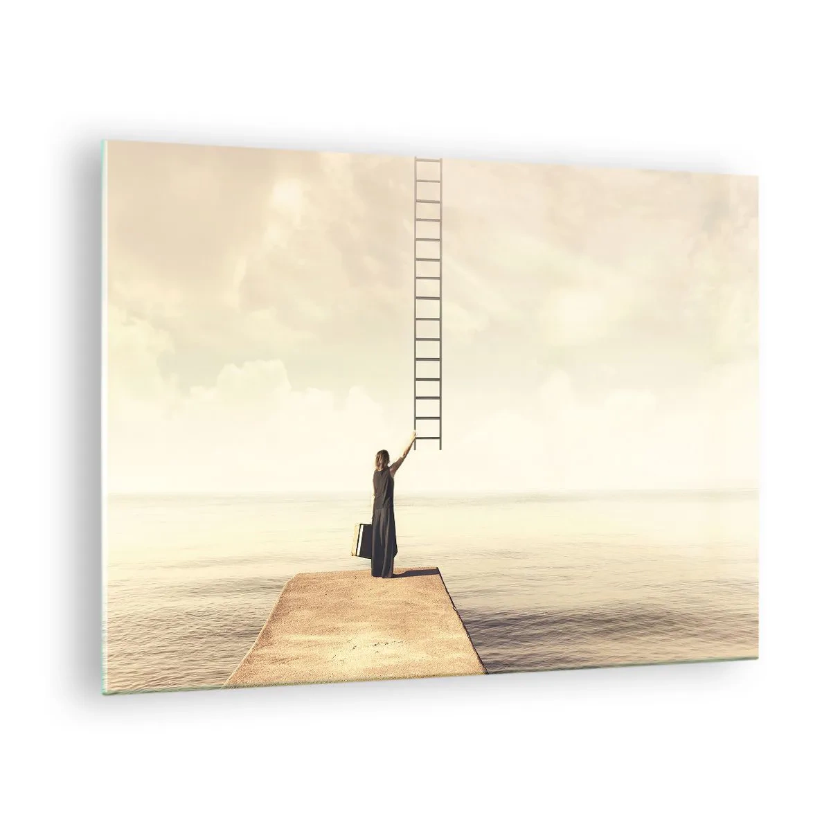 Glasbild - Bild auf glas - Frau auf einem Pier mit einer Leiter, die in den Himmel führt - 70x50cm - Eine magische Reise - Moderne Wanddekoration für Wohnzimmer und Schlafzimmer ARTTOR