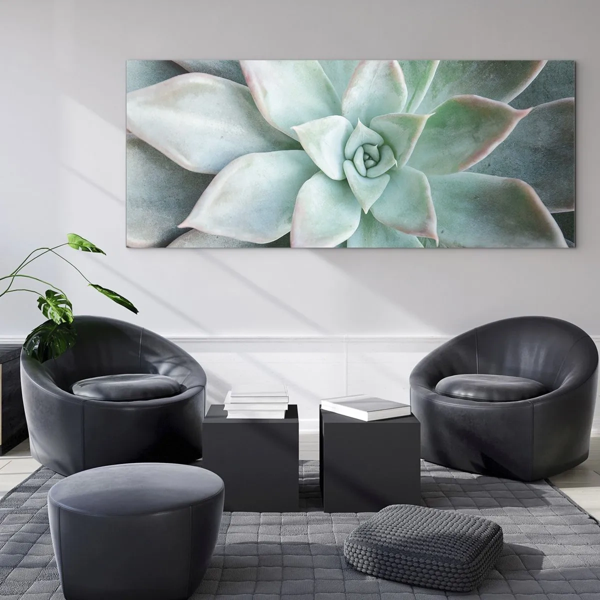 Glasbild - Bild auf glas - Nahaufnahme einer grünen Sukkulente - 120x50cm - Das Herz der Wüste - Moderne Wanddekoration für Wohnzimmer und Schlafzimmer ARTTOR