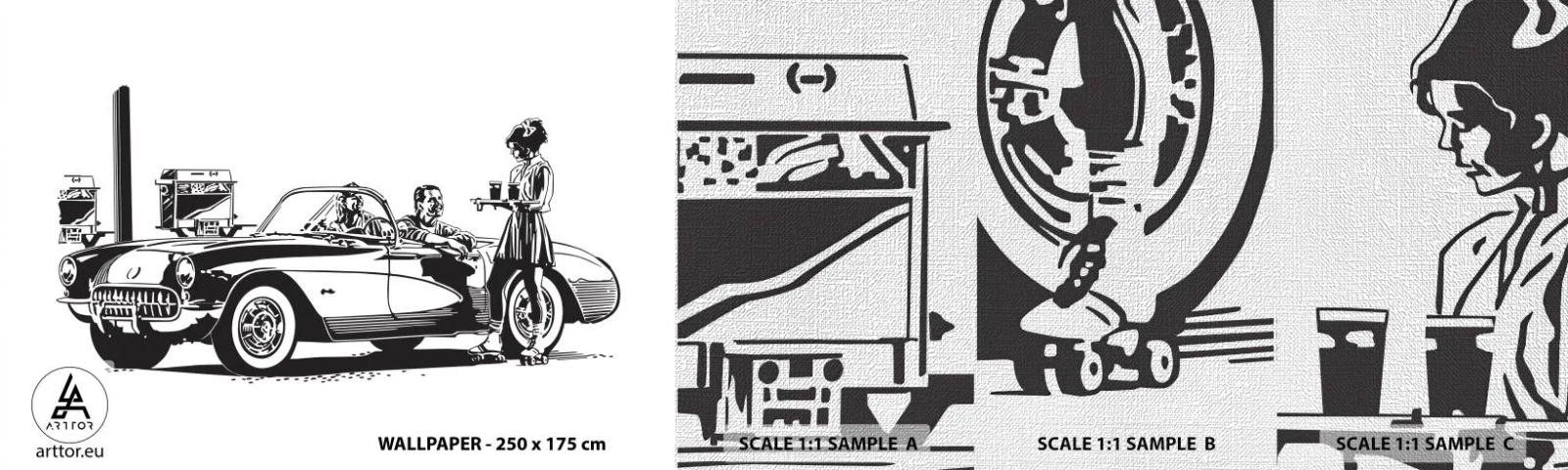 Fototapeten Muster Premium Canvas - 60. - unbeschwertes Amerika - Oldtimer, Tankstelle, Amerika - 100x30 cm