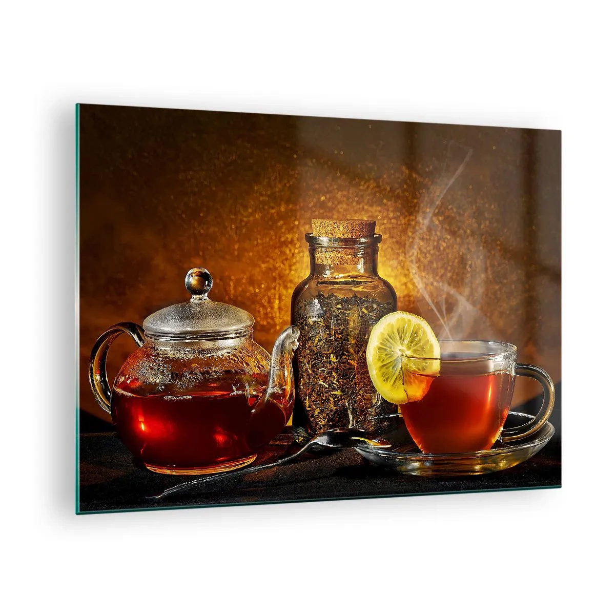 Glasbild - Bild auf glas - Eine Teekanne aus Glas und eine Tasse Tee mit Zitrone - 70x50cm - Im Stil der niederländischen Meister - Moderne Wanddekoration für Wohnzimmer und Schlafzimmer ARTTOR