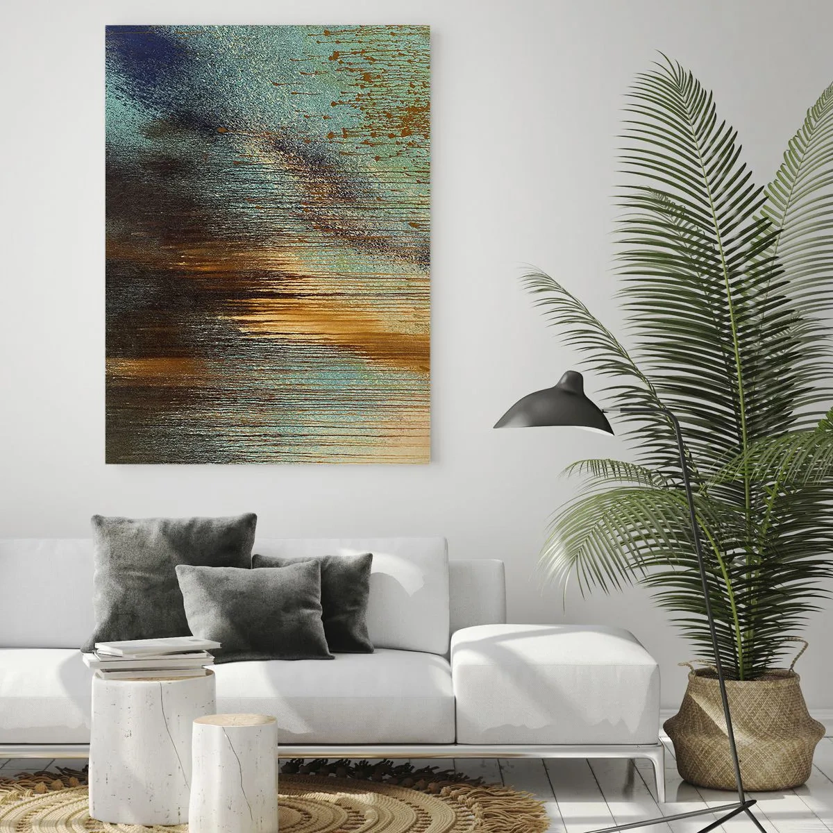 Glasbild - Bild auf glas - Abstrakte Linien und Punkte in Gold, Blau und Schwarz - 50x70cm - Eine nicht zufällige farbenfrohe Komposition - Moderne Wanddekoration für Wohnzimmer und Schlafzimmer ARTTOR