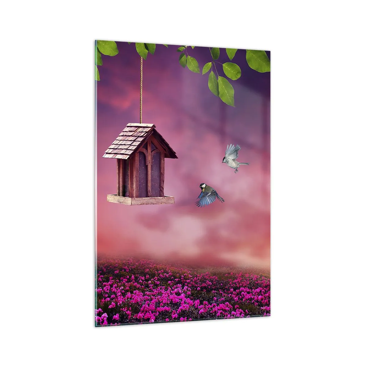 Glasbild - Bild auf glas - Eine malerische Landschaft mit einem Vogelhaus und einem Sonnenuntergang - 70x100cm - Einladung zum Abendessen - Moderne Wanddekoration für Wohnzimmer und Schlafzimmer ARTTOR