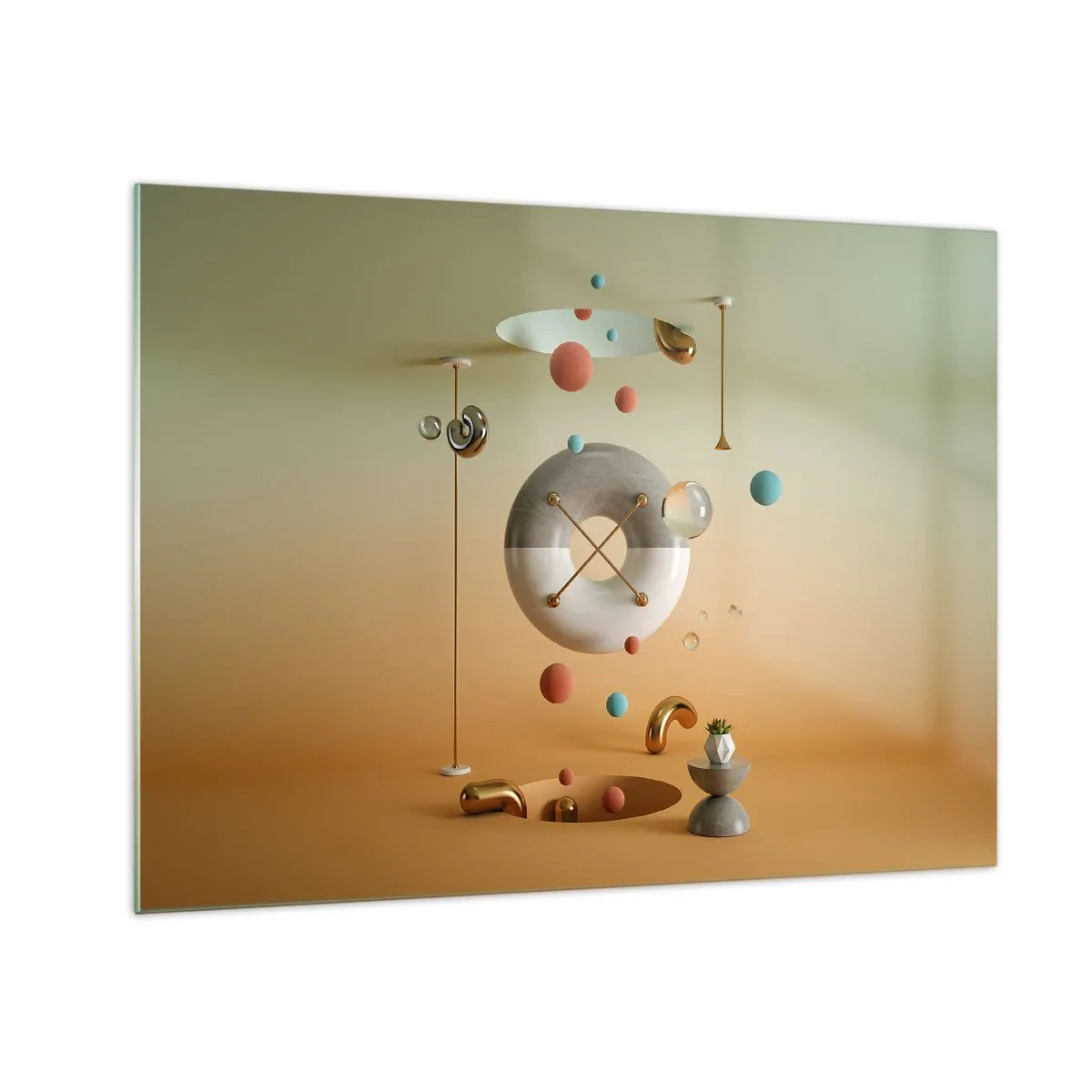 Glasbild - Bild auf glas - Geometrische Figuren in Pastellfarben in einem abstrakten Raum - 70x50cm - Alles kann passieren - Moderne Wanddekoration für Wohnzimmer und Schlafzimmer ARTTOR