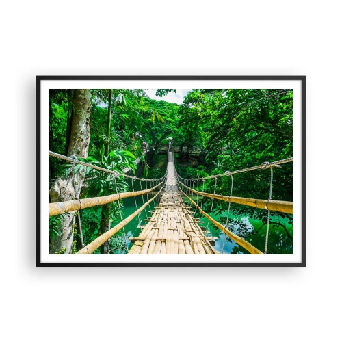 Poster in einem schwarzem Rahmen - Eine hängende Bambusbrücke, umgeben von Grün - 100x70cm - Monkey Bridge über das Grün - Moderne Wanddekoration für Wohnzimmer und Schlafzimmer ARTTOR