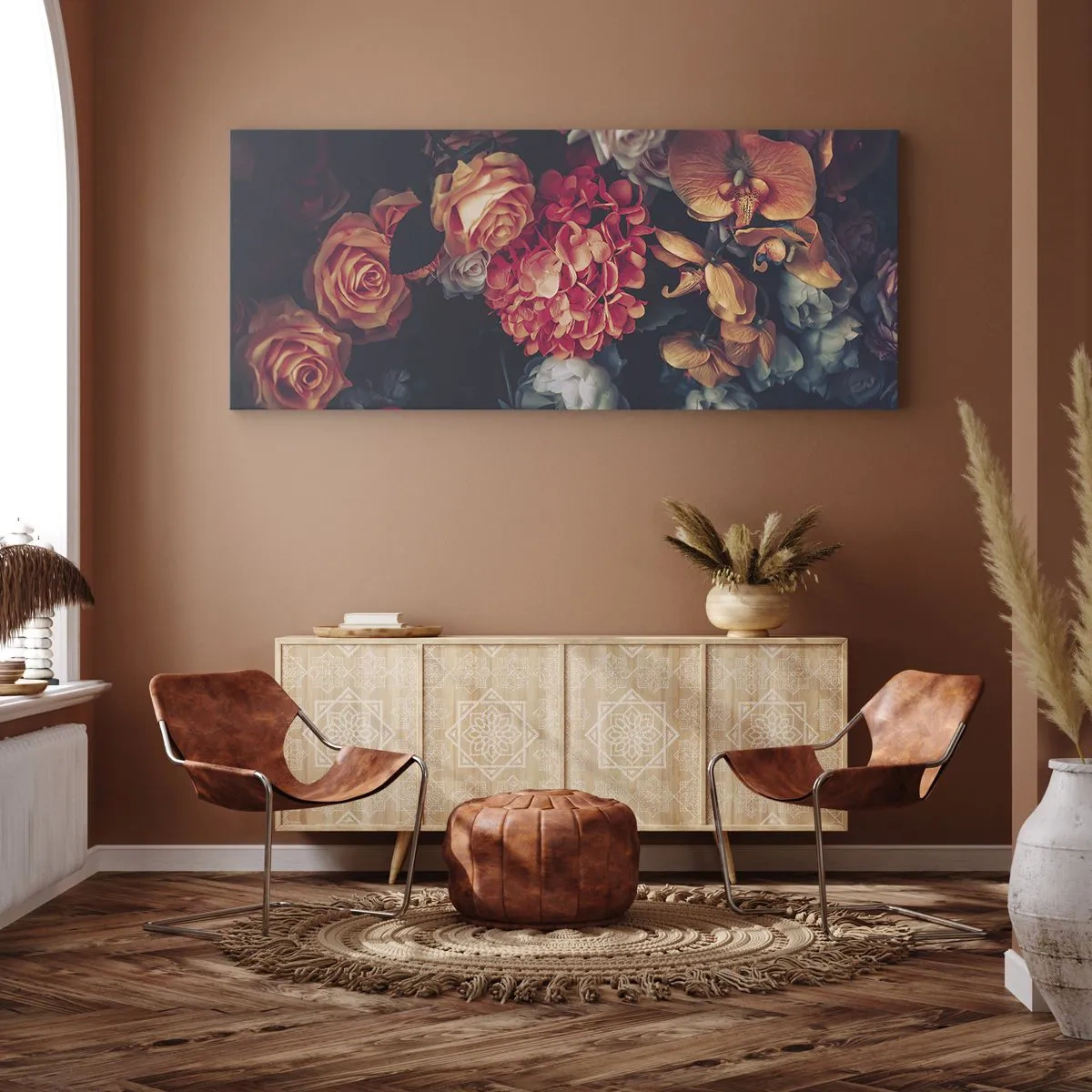 Bild auf Leinwand - Leinwandbild - Ein Strauß verschiedener Blumen in dunklen Tönen - 120x50cm - Wie bei den holländischen Meistern - Moderne Wanddekoration für Wohnzimmer und Schlafzimmer ARTTOR