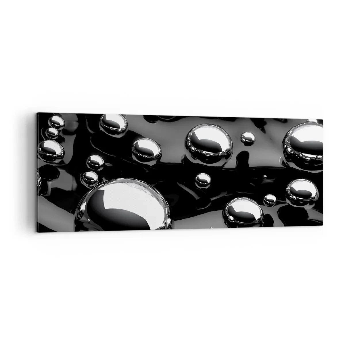 Bild auf Leinwand - Leinwandbild - Abstrakte Tropfen auf einer schwarzen Oberfläche - 140x50cm - Aus der schwarzen Wassertiefe - Moderne Wanddekoration für Wohnzimmer und Schlafzimmer ARTTOR