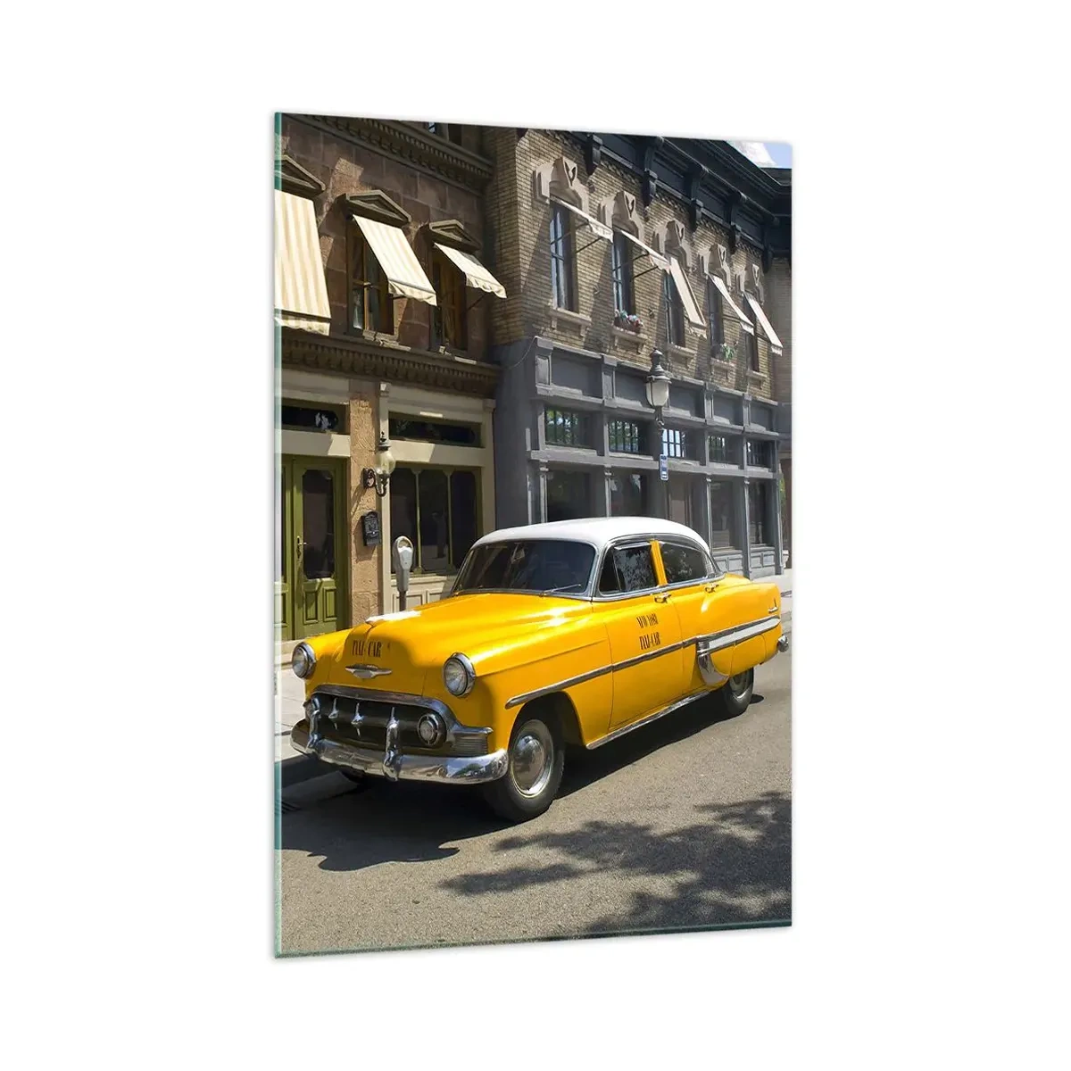 Glasbild - Bild auf glas - Ein gelbes Taxi auf einer Straße mit Mietshäusern - 80x120cm - Vor langer Zeit in Amerika - Moderne Wanddekoration für Wohnzimmer und Schlafzimmer ARTTOR