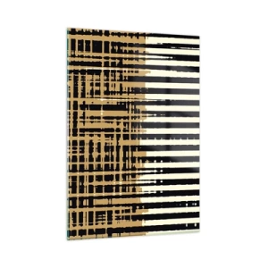 Glasbild - Bild auf glas - Geometrische Streifen und Linien in Schwarz- und Goldtönen - 50x70cm - Architektonische Abstraktion - Moderne Wanddekoration für Wohnzimmer und Schlafzimmer ARTTOR
