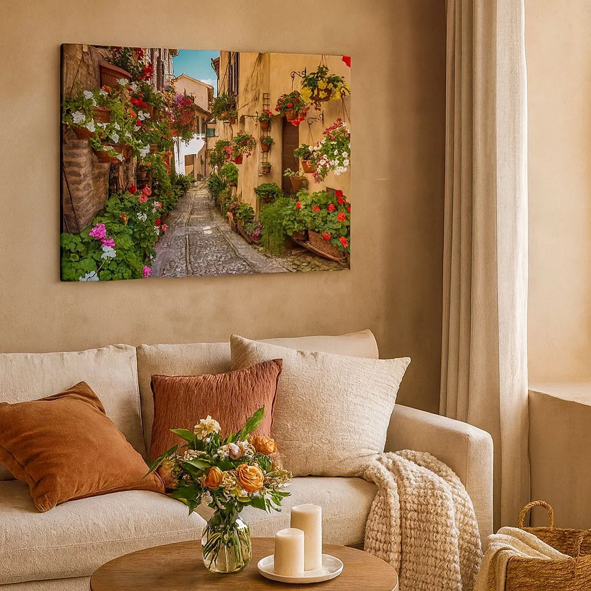 Bild auf Leinwand - Leinwandbild - Eine bezaubernde Straße voller Blumen und Blumentöpfe - 70x50cm - Italienische Gasse - Moderne Wanddekoration für Wohnzimmer und Schlafzimmer ARTTOR