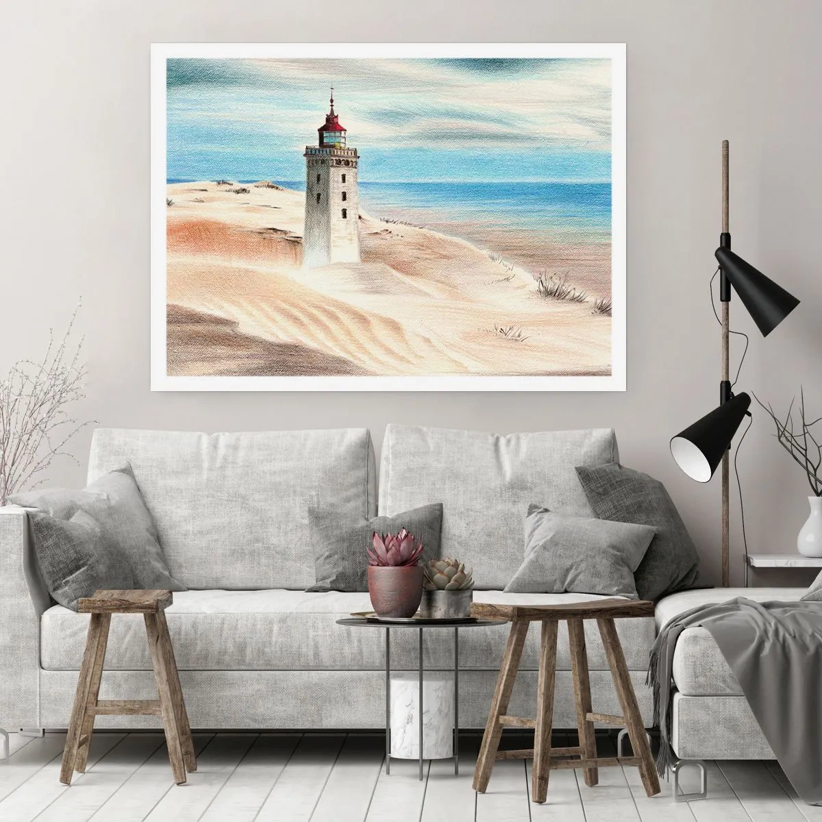 Poster - Ein Leuchtturm, umgeben von Sanddünen und blauem Himmel - 100x70cm - Immer aufs Meer starrend - Moderne Wanddekoration für Wohnzimmer und Schlafzimmer ARTTOR