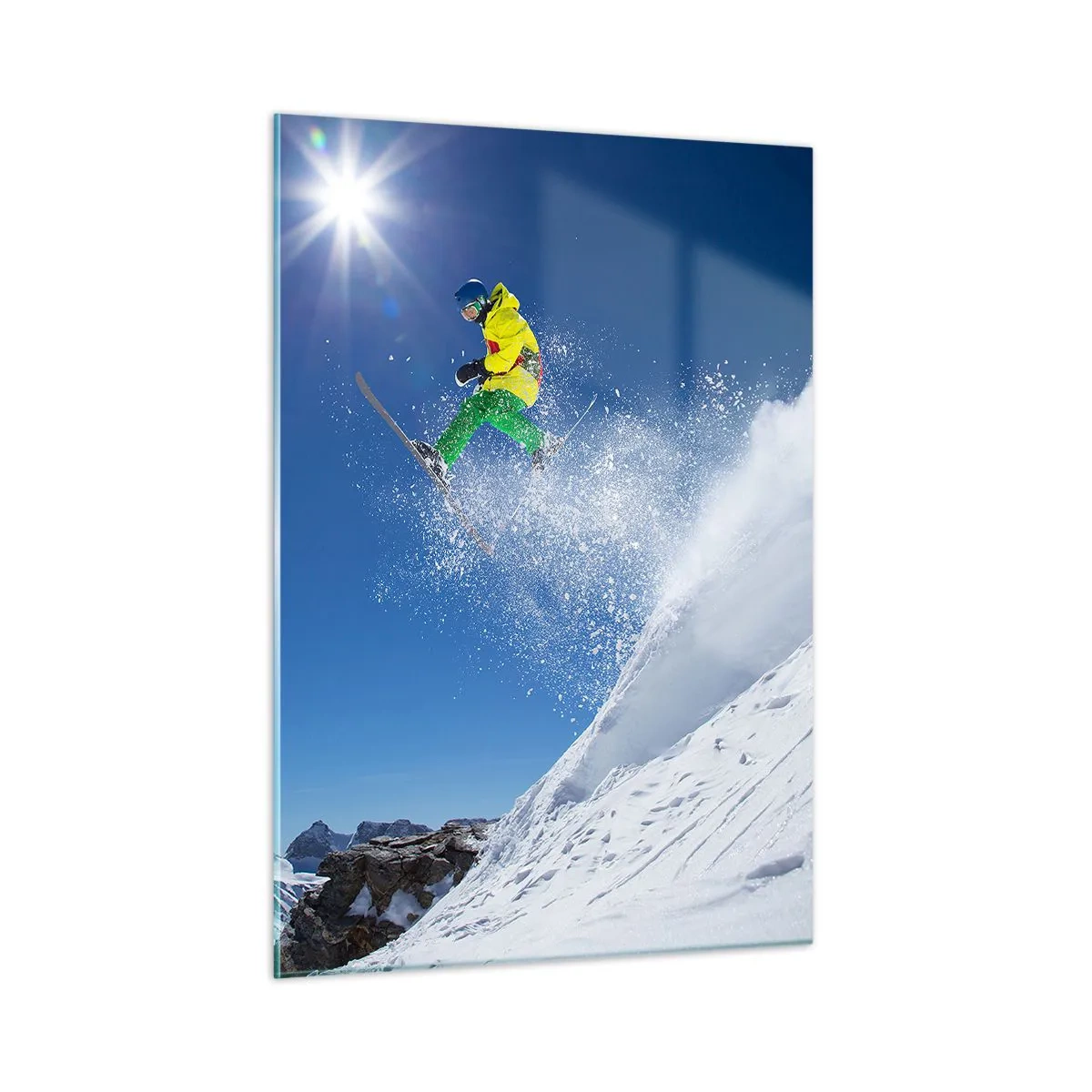 Glasbild - Bild auf glas - Ein Skifahrer in Aktion vor der Kulisse schneebedeckter Berge - 50x70cm - Tanzen mit den Bergen - Moderne Wanddekoration für Wohnzimmer und Schlafzimmer ARTTOR