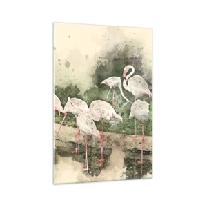 Glasbild - Bild auf glas - Flamingos in ihrer natürlichen Umgebung im Aquarellstil - 70x100cm - Exotischer Traum - Moderne Wanddekoration für Wohnzimmer und Schlafzimmer ARTTOR